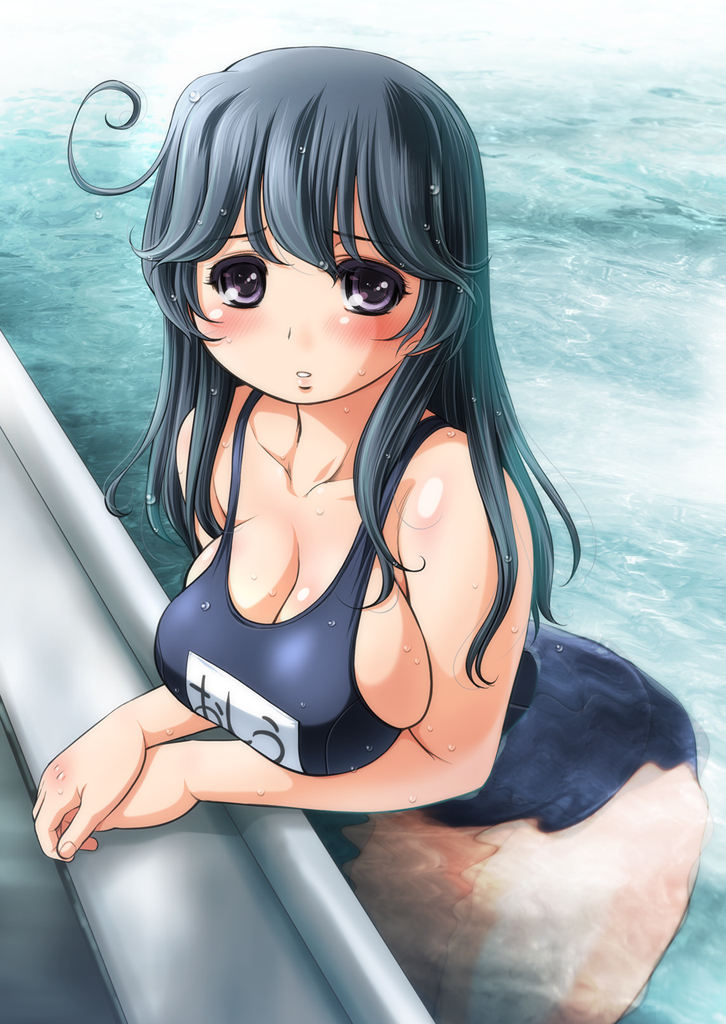 1girl, ahoge, alternate_costume, black_hair, breasts, cleavage, kantai_collection, kantori