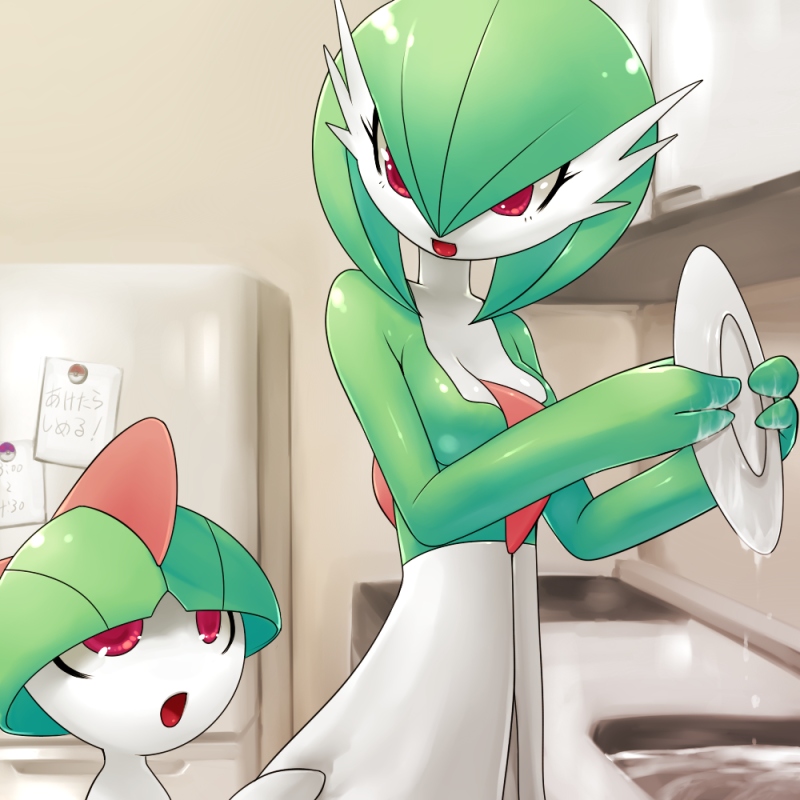 1girl, angry, breasts, creatures_(company), dish, dishwashing, game_freak, gardevoir