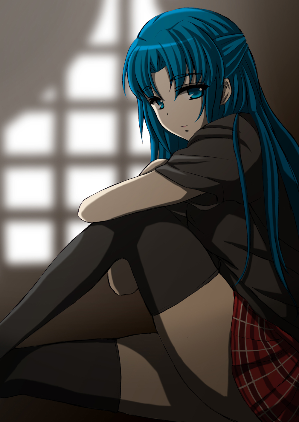 blue_eyes, blue_hair, casual, highres, long_hair, plaid, plaid_skirt, skirt