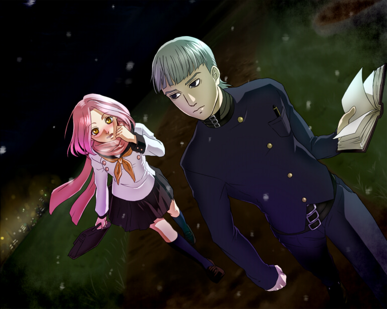 1boy, 1girl, black_eyes, futaba_chiho, grey_hair, hasumi_takuma, jojo_no_kimyou_na_bouken, pafeena, pink_hair, scarf, school_uniform, serafuku, stand_(jojo), the_book_(stand), yellow_eyes