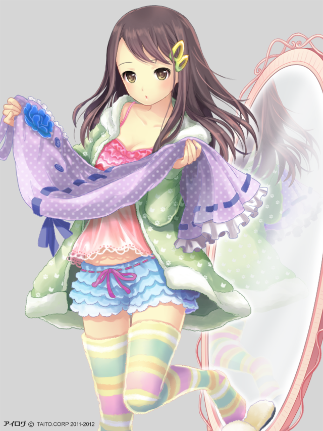 1girl, brown_eyes, brown_hair, casual, frills, hair_ornament, ilog, long_hair