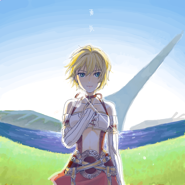 1girl, blonde_hair, blue_eyes, fiorun, hasekura, midriff, solo, xenoblade