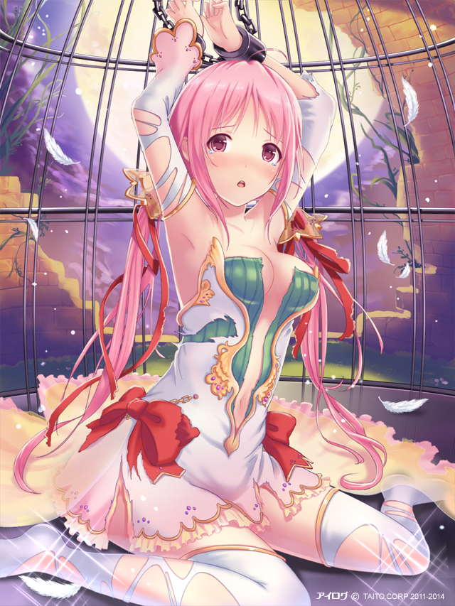 1girl, armpits, blush, breasts, cage, cleavage, feathers, ilog