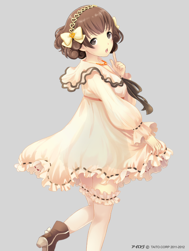 1girl, brown_eyes, brown_hair, dress, finger_to_mouth, hair_ornament, hairband, ilog