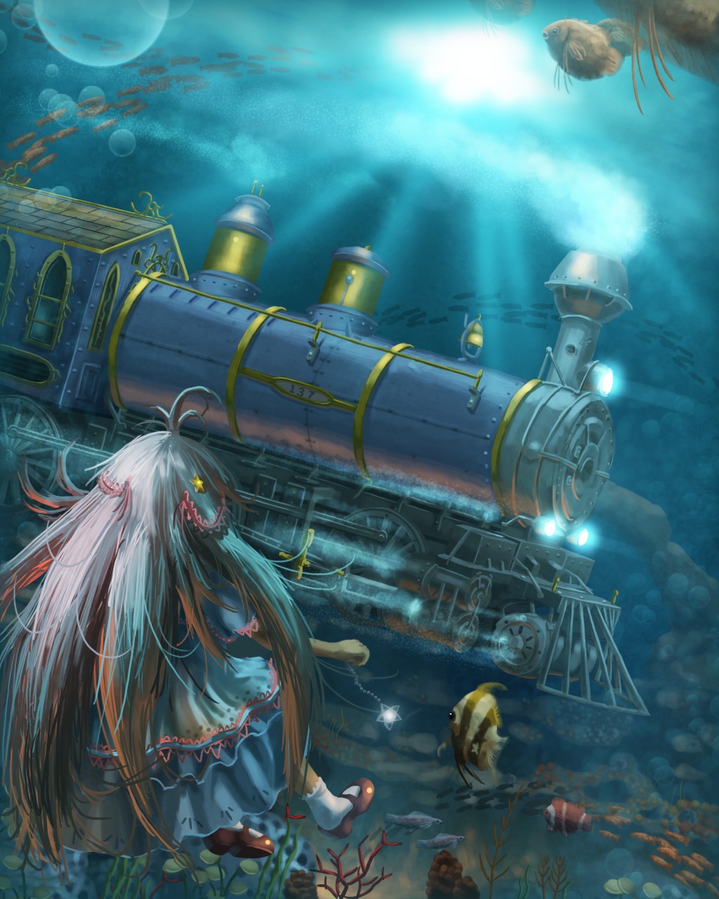fish, gtd-carthage, highres, locomotive, long_hair, ocean, original, scenery, steam_locomotive, train, underwater