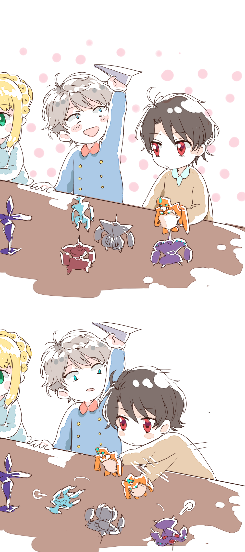 1girl, 2boys, aldnoah.zero, argyre, asseylum_vers_allusia, black_hair, blonde_hair, blue_eyes, brown_eyes, child, green_eyes, highres, kaizuka_inaho, kg-6_sleipnir, landing_castle, mecha, multiple_boys, nilokeras, out_of_frame, paper_airplane, playing, sekisei, silver_hair, slaine_troyard, toy, younger