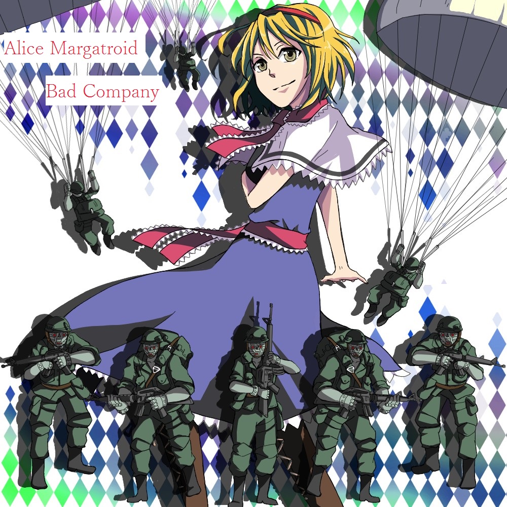 1girl, alice_margatroid, assault_rifle, bad_company_(stand), blonde_hair, capelet, character_name, dress