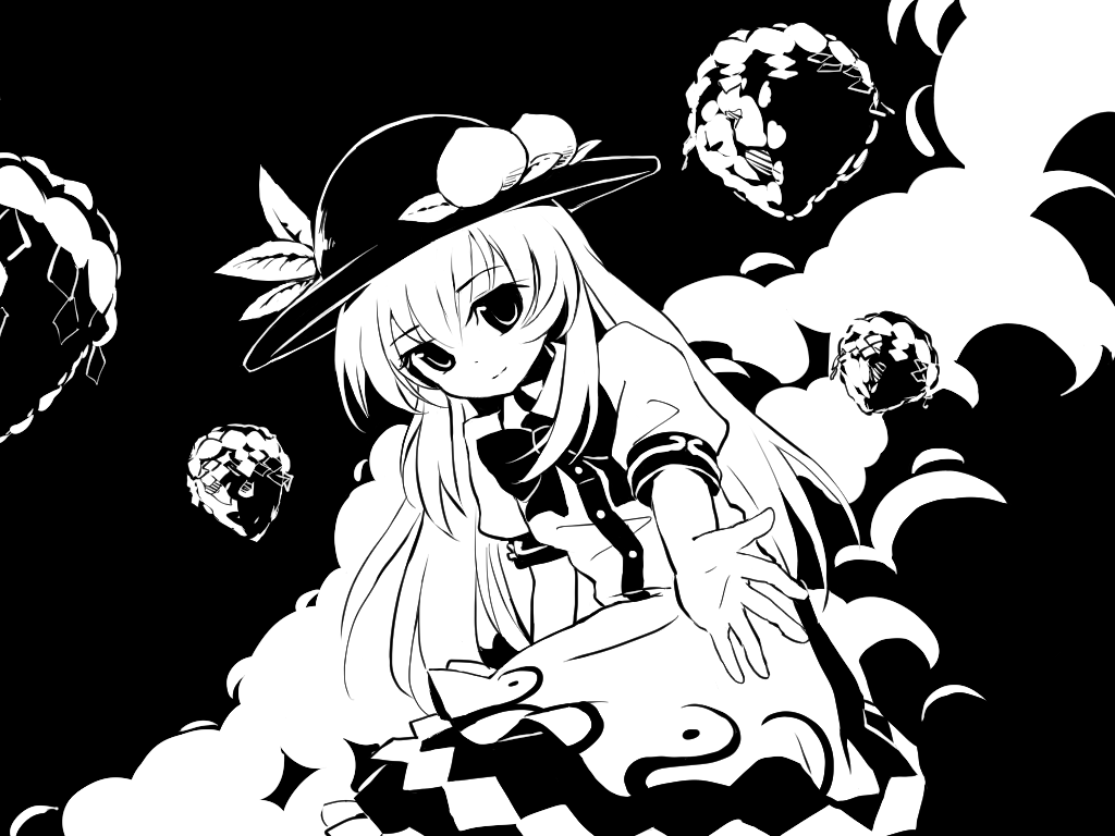 1girl, bow, clouds, dress, food, fruit, hat, hinanawi_tenshi