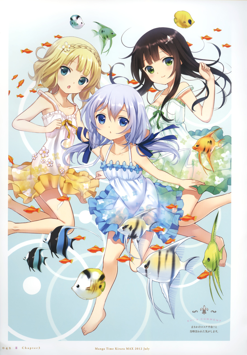 3girls, absurdres, bare_shoulders, barefoot, black_hair, blonde_hair, blue_eyes, blue_hair
