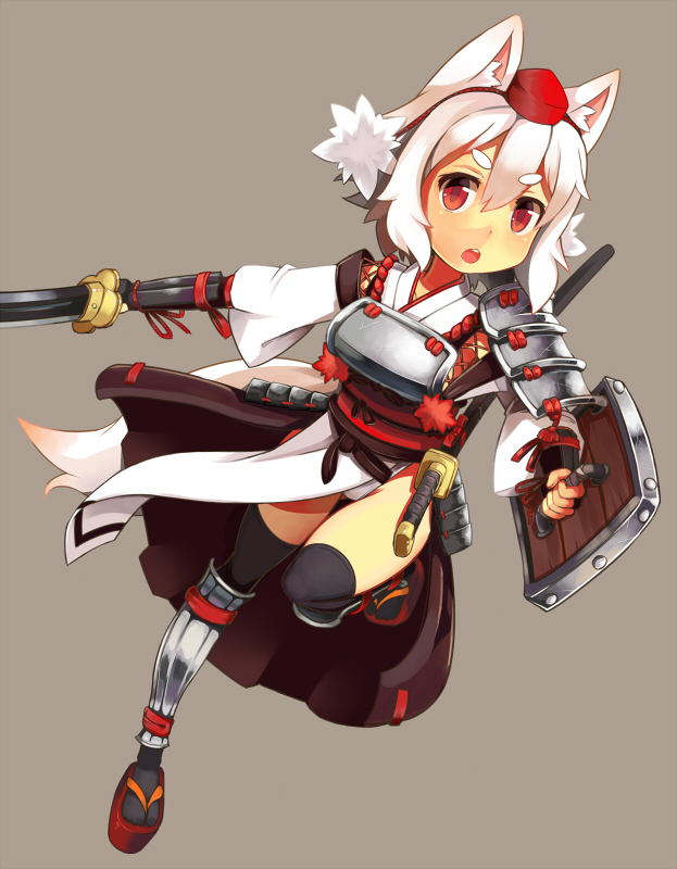 1_mutsuki, 1girl, animal_ears, armor, black_legwear, blush, detached_sleeves, hat