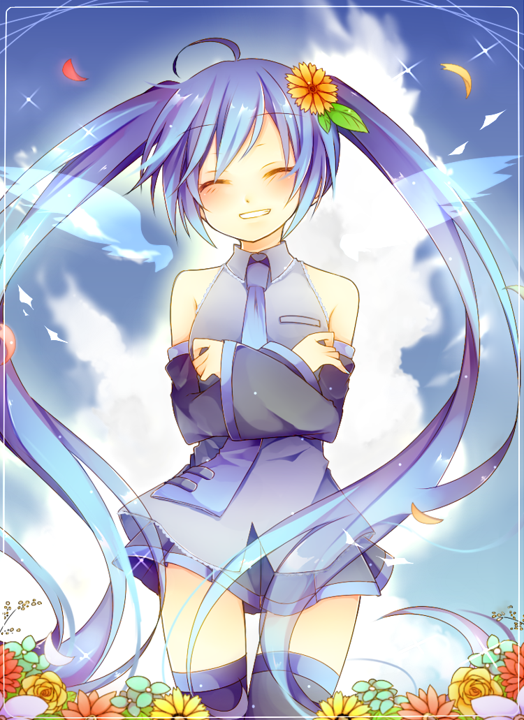 1girl, ahoge, blue_hair, closed_eyes, crossed_arms, detached_sleeves, flower, grin