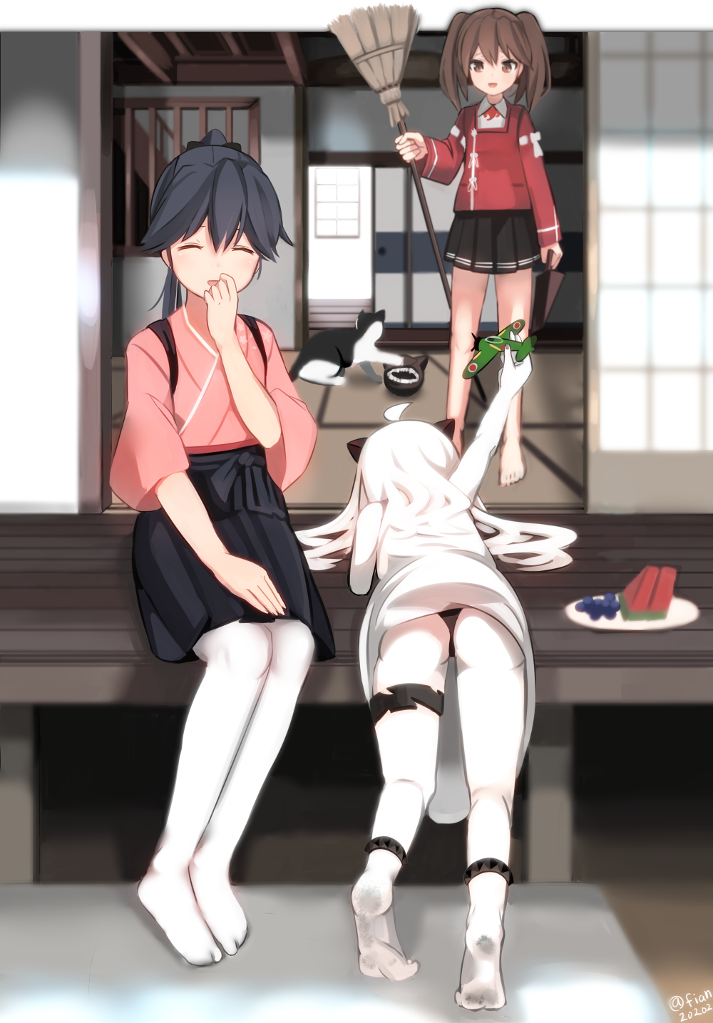 3girls, ^_^, ahoge, airplane, black_hair, brown_eyes, brown_hair, cat