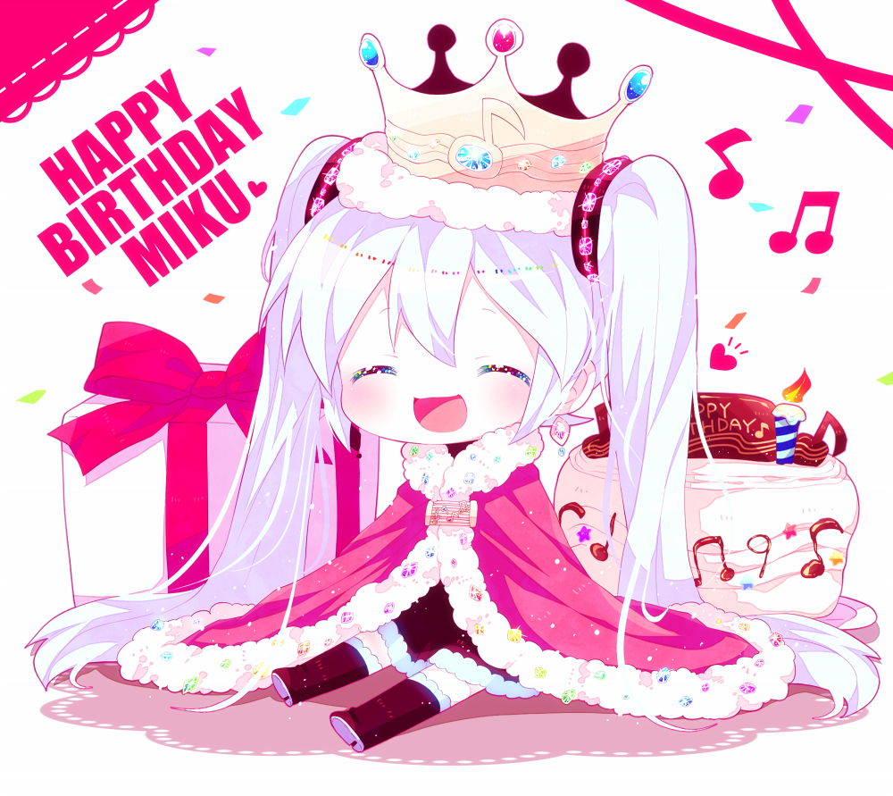 1girl, :d, cape, chibi, closed_eyes, crown, gift, happy_birthday