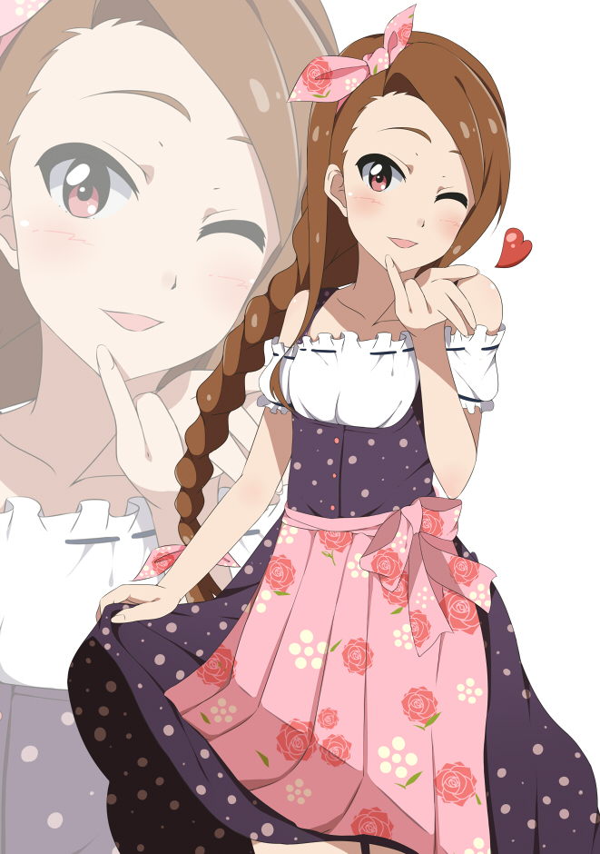 1girl, alternate_hairstyle, apron, bare_shoulders, blown_kiss, blush, braid, brown_hair