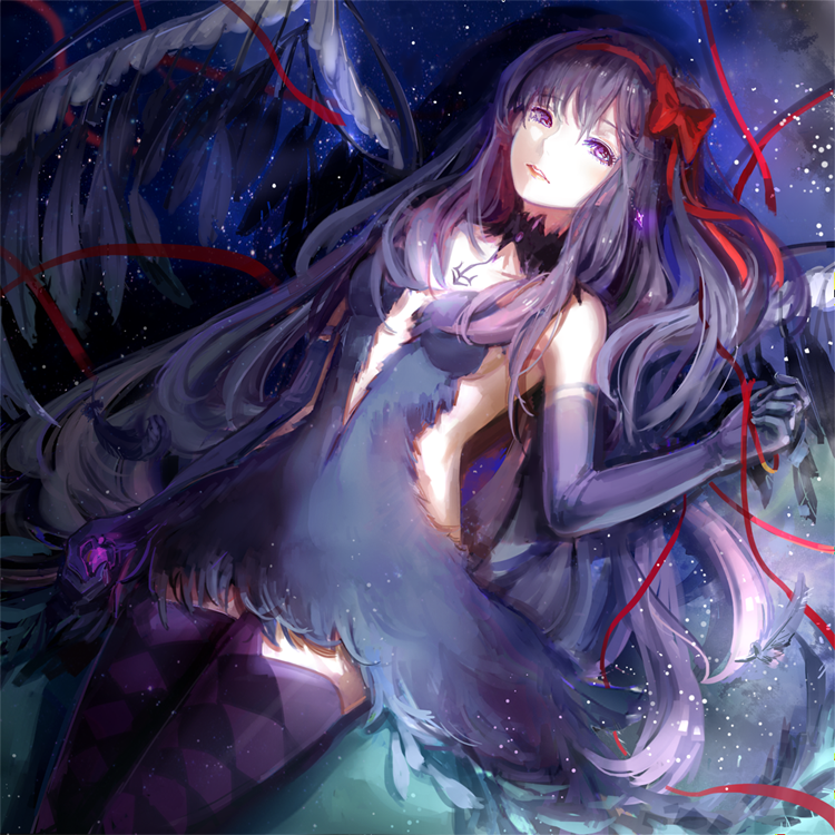 1girl, akemi_homura, akuma_homura, black_eyes, black_gloves, black_hair, black_wings, elbow_gloves