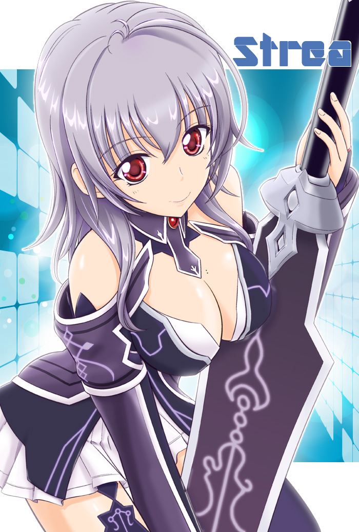 1girl, bare_shoulders, breasts, bridal_gauntlets, character_name, detached_collar, leaning_forward, long_hair