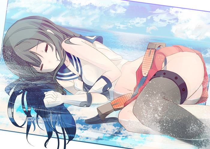 1girl, afloat, agano_(kantai_collection), black_hair, closed_eyes, gloves, kantai_collection, long_hair
