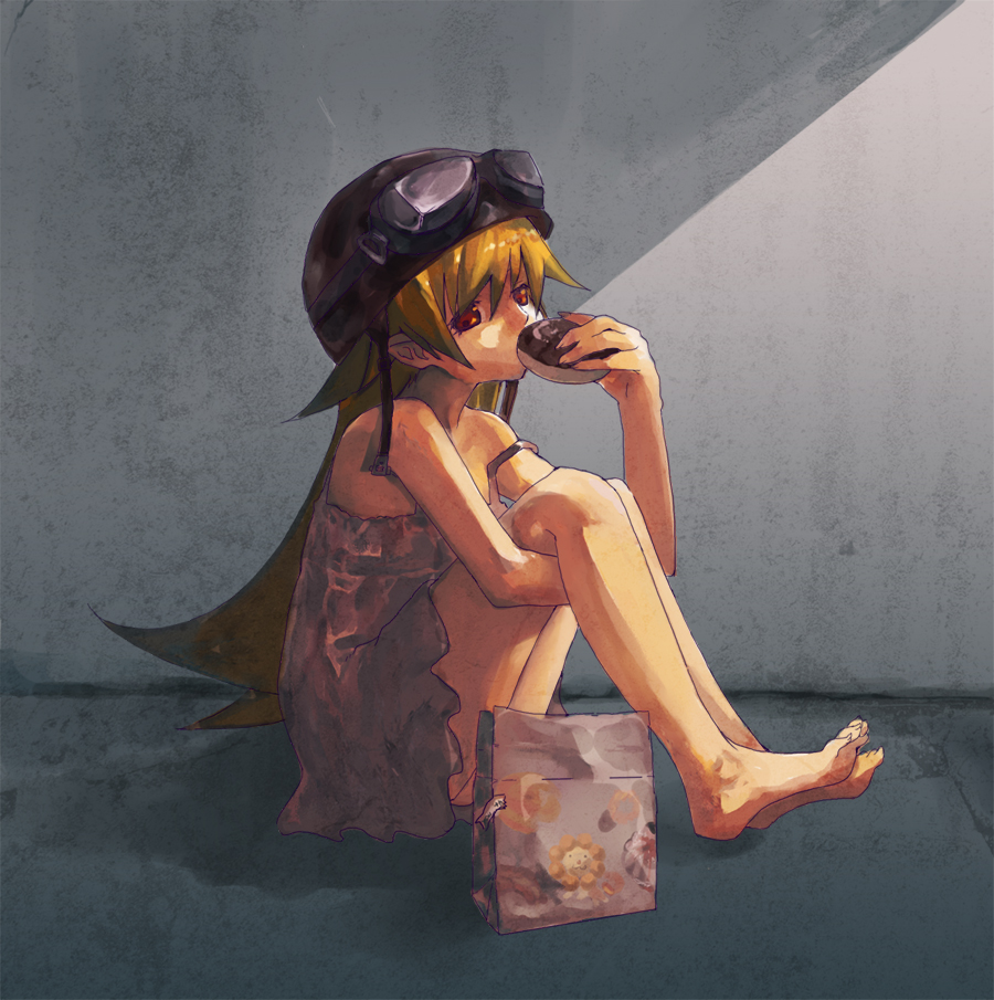 bakemonogatari, barefoot, eating, feet, food, leg_hug, milcoco, mister_donut, monogatari_(series), oshino_shinobu, pon_de_lion, solo
