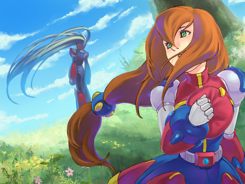 1boy, 1girl, blue_sky, green_eyes, iris, iris_(mega_man), landscape, long_hair