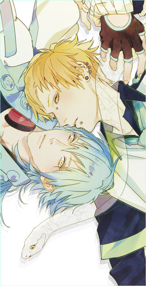 2boys, blonde_hair, blue_hair, dramatical_murder, earrings, fingerless_gloves, gloves, headphones
