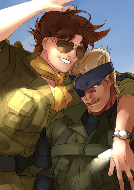 2boys, ascot, aviator_glasses, bandana, big_boss, big_boss_(cosplay), blonde_hair, brown_hair, jojo_no_kimyou_na_bouken, kazuhira_miller, kazuhira_miller_(cosplay), metal_gear_(series), metal_gear_solid_peace_walker, multiple_boys, ootsuka_akio, parody, pydiyudie, seiyuu_connection, sugita_tomokazu, sunglasses, uniform, wamuu, watch, watch