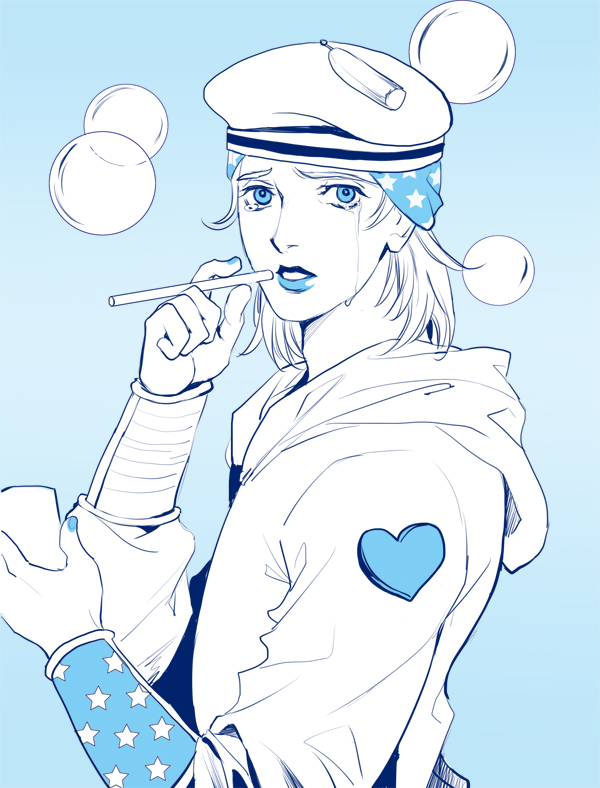 1boy, blue_lipstick, bubble, bubble_blowing, hat, heart, johnny_joestar, jojo_no_kimyou_na_bouken