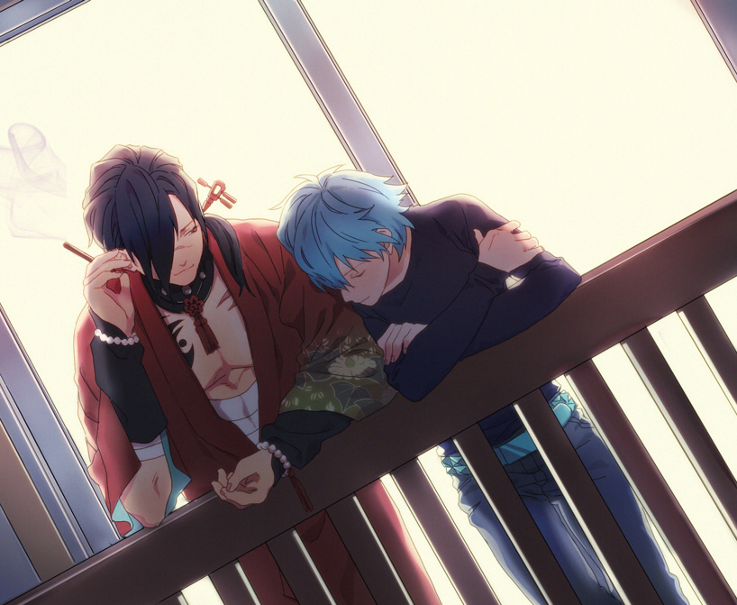 2boys, alternate_hair_color, black_hair, blue_hair, closed_eyes, couple, dramatical_murder, dutch_angle