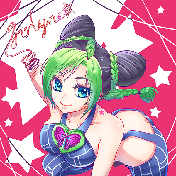 1girl, blue_eyes, blue_hair, braid, double_bun, green_hair, joestar_birthmark, jojo_no_kimyou_na_bouken