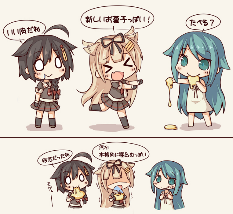 >_<, 3girls, :>, black_gloves, black_hair, black_skirt, blonde_hair, braid, chibi, dress, drooling, eating, food, gloves, green_eyes, green_hair, hair_flaps, hair_ornament, hair_ribbon, hairclip, happy, kantai_collection, kata_meguma, long_hair, multiple_girls, neckerchief, necktie, o_o, ribbon, saya, saya_no_uta, scarf, school_uniform, serafuku, shaded_face, shigure_(kantai_collection), single_braid, skirt, spitting, sundress, tehepero, very_long_hair, white_scarf, yuudachi_(kantai_collection)