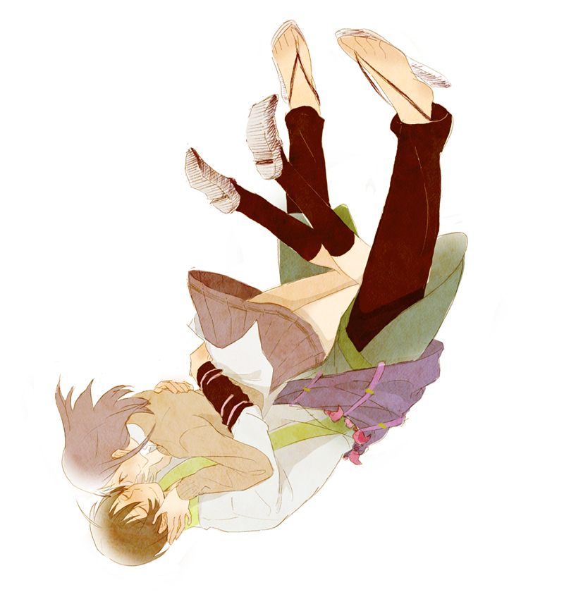 1boy, 1girl, brown_hair, couple, falling, hand_on_another's_cheek, hand_on_another's_face, hetero