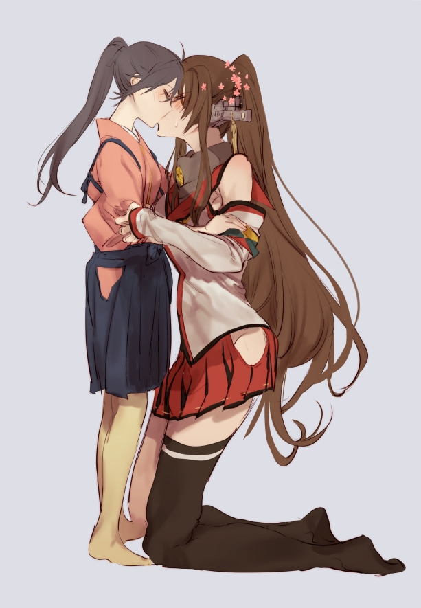 2girls, barefoot, black_hair, black_legwear, blush, brown_hair, closed_eyes, flower
