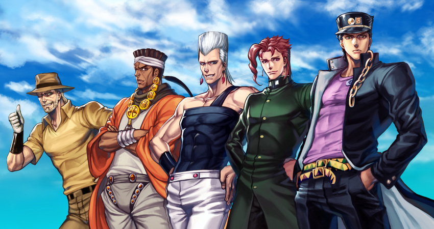 5boys, jean_pierre_polnareff, jojo_no_kimyou_na_bouken, joseph_joestar, kakyouin_noriaki, kuujou_joutarou, mohammed_avdol, multiple_boys, yorita_(kick_knock)