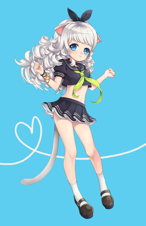 animal_ears, blade_&amp;_soul, blue_eyes, cat_ears, curly_hair, long_hair, lyn_(blade_&amp;_soul), midriff