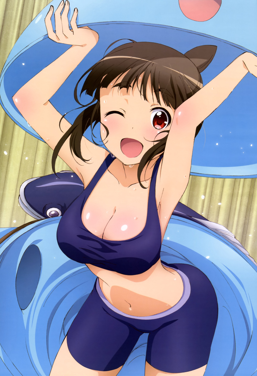 1girl, absurdres, bike_shorts, breasts, brown_hair, cleavage, flying_sweatdrops, futsuu_no_joshikousei_ga_locodol_yattemita