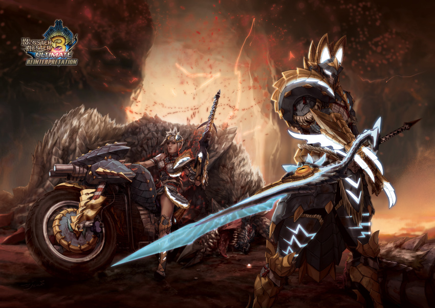 armor, bicycle, bowgun, capcom, copyright_name, highres, long_sword, mohammadyazid, monster, monster_hunter, monster_hunter_3_g, stygian_zinogre, stygian_zinogre_(armor), sword, weapon