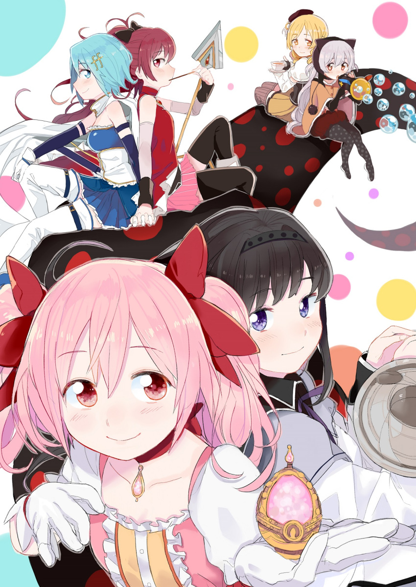 6+girls, akemi_homura, animal_hat, bare_shoulders, beret, black_hair, black_legwear, blonde_hair