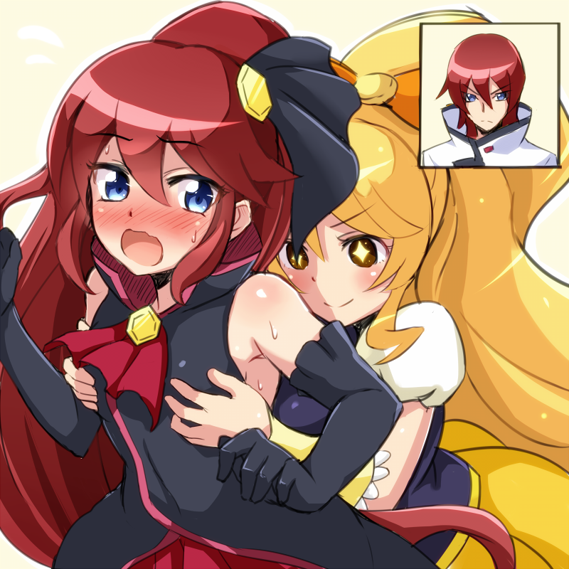 1boy, 2girls, avy417, black_gloves, blonde_hair, blue_eyes, blush, breast_grab
