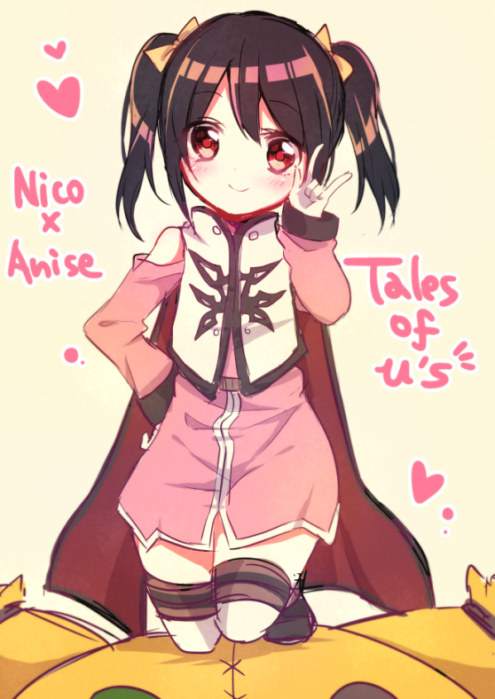 1girl, \m/, anise_tatlin, anise_tatlin_(cosplay), black_hair, blush, character_name, cosplay