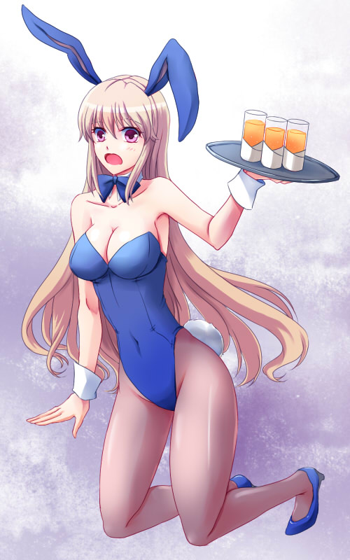 1girl, animal_ears, blonde_hair, bowtie, breasts, bunnysuit, cleavage, code_geass