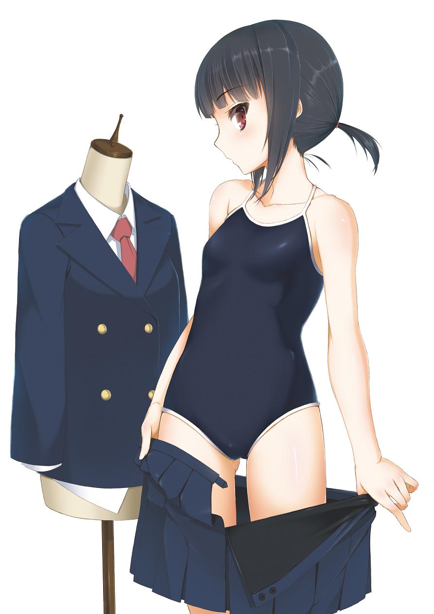 1girl, black_hair, bouzu4515, highres, one-piece_swimsuit, original, red_eyes, school_uniform