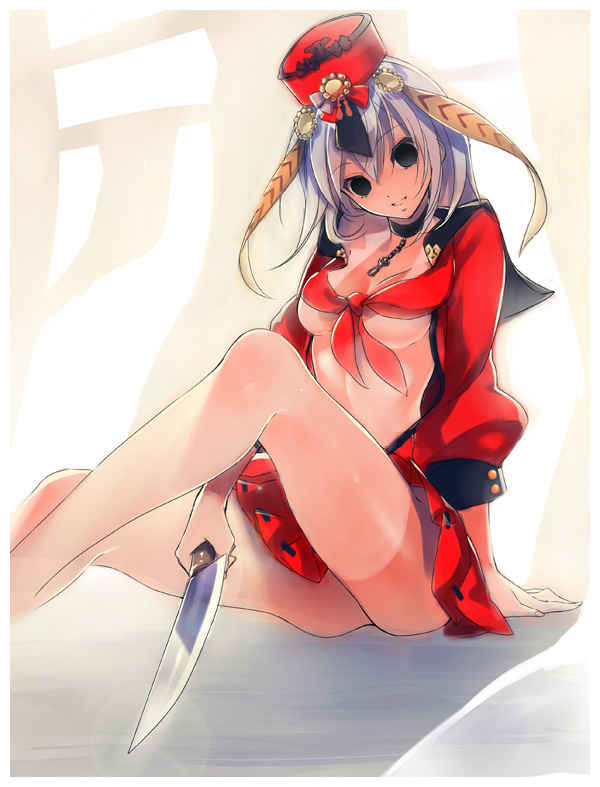 1girl, black_eyes, breasts, butcher_knife, choker, goroo, hat, hosokawa_tadaoki_(sengoku_bushouki_muramasa)