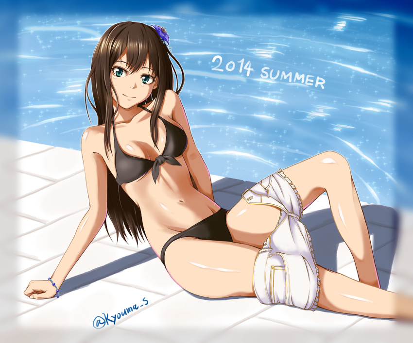 1girl, arm_support, bikini, brown_hair, green_eyes, idolmaster, idolmaster_cinderella_girls, long_hair, shibuya_rin, shigarami_kyouma, shorts, shorts_pull, sitting, swimsuit