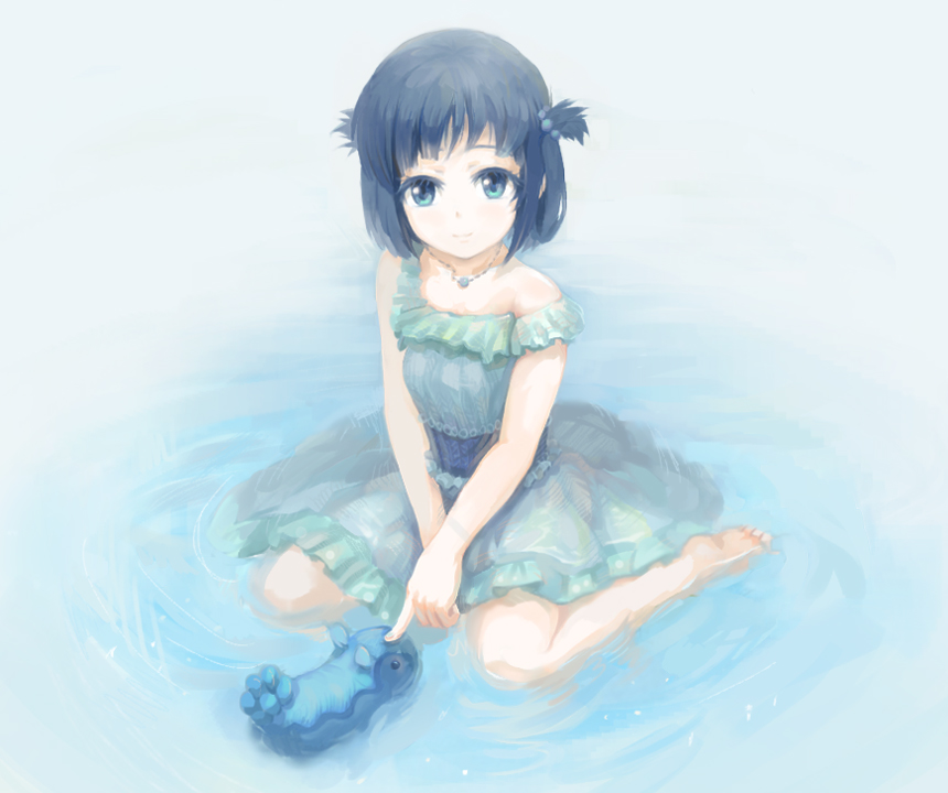 1girl, barefoot, black_hair, blue_eyes, dress, folded_hair, hair_rings, karoro