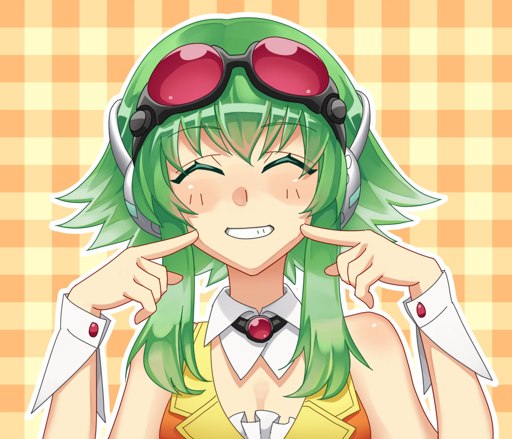 1girl, ^_^, chroma_(chroma000), closed_eyes, fingers_to_cheeks, goggles, goggles_on_head, green_hair, grin, gumi, headphones, looking_at_viewer, short_hair, short_hair_with_long_locks, smile, solo, tagme, vocaloid