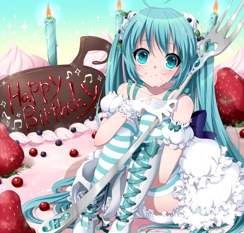 1girl, :t, ahoge, aqua_eyes, aqua_hair, boots, cake, candle, cross-laced_footwear, food, food_as_clothes, food_themed_clothes, fork, fruit, gloves, happy_birthday, hatsune_miku, in_food, knee_boots, lace-up_boots, long_hair, minigirl, musical_note, myutsusama, sitting, solo, strawberry, striped, striped_legwear, thighhighs, very_long_hair, vocaloid