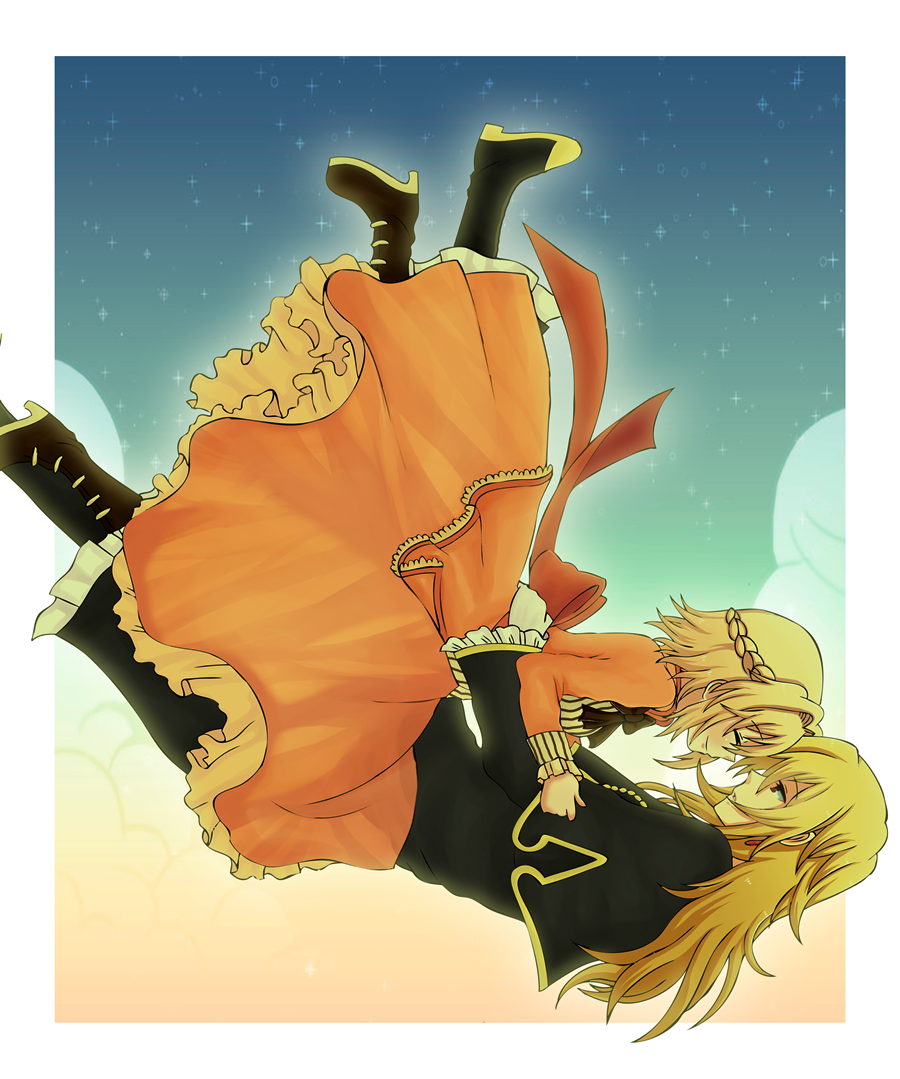 1boy, 1girl, ada_vessalius, blonde_hair, bow, capelet, closed_eyes, dress