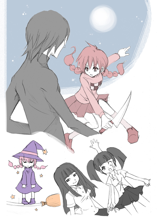 1boy, 3girls, aya_tsudi, bangs, black_hair, black_skirt, braid, broom