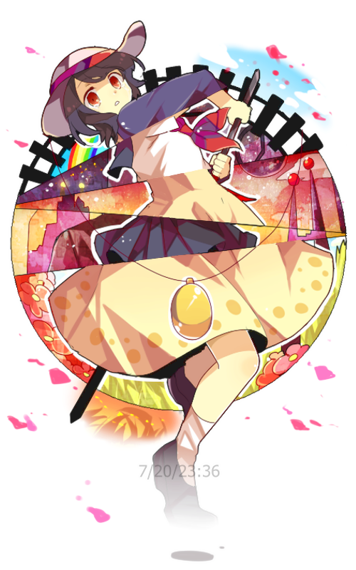 1girl, andou_natsumi, circle, clouds, crowbar, dress, flower, hat