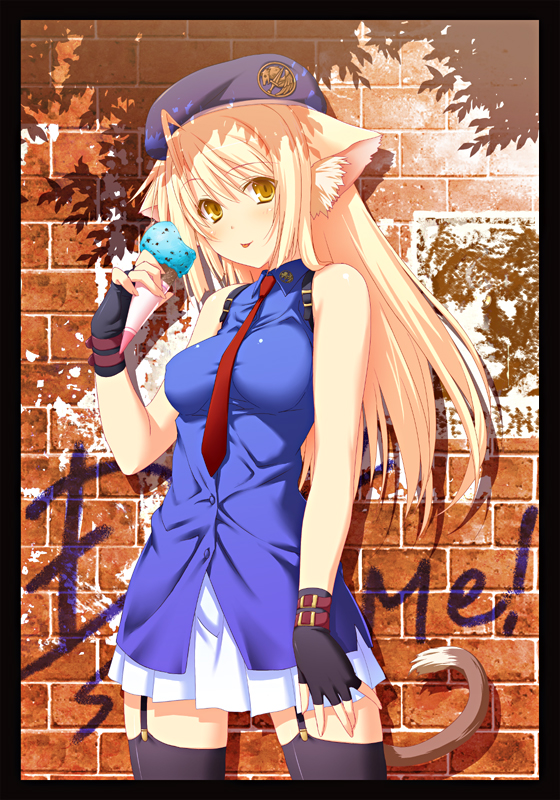 animal_ears, blonde_hair, brick_wall, brickwall, cat_ears, fingerless_gloves, food, gloves, hat, ice_cream, long_hair, original, solo, tail, thigh-highs, thighhighs