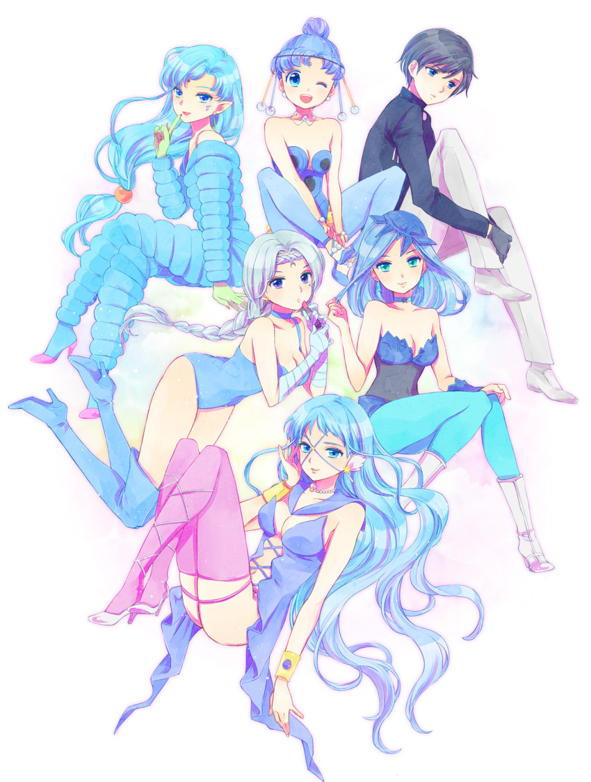 2boys, 6+girls, bare_shoulders, beruche_(sailor_moon), bishoujo_senshi_sailor_moon, blue_eyes, blue_hair, blue_legwear